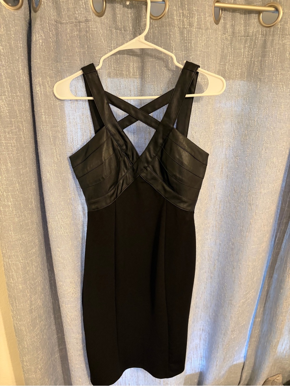 Black Faux-Leather Detail Cross-Front Sheath Dress Small